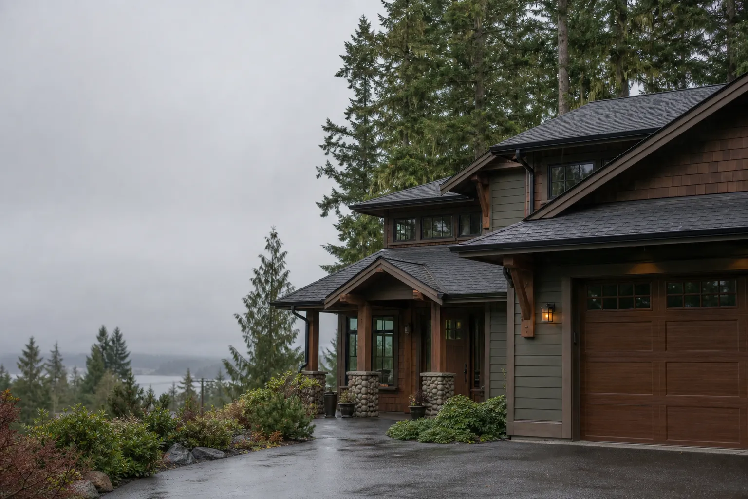 Freshly cleaned roof and gutters on a craftsman-style Nanaimo home among tall evergreens on a wet, overcast West Coast day
